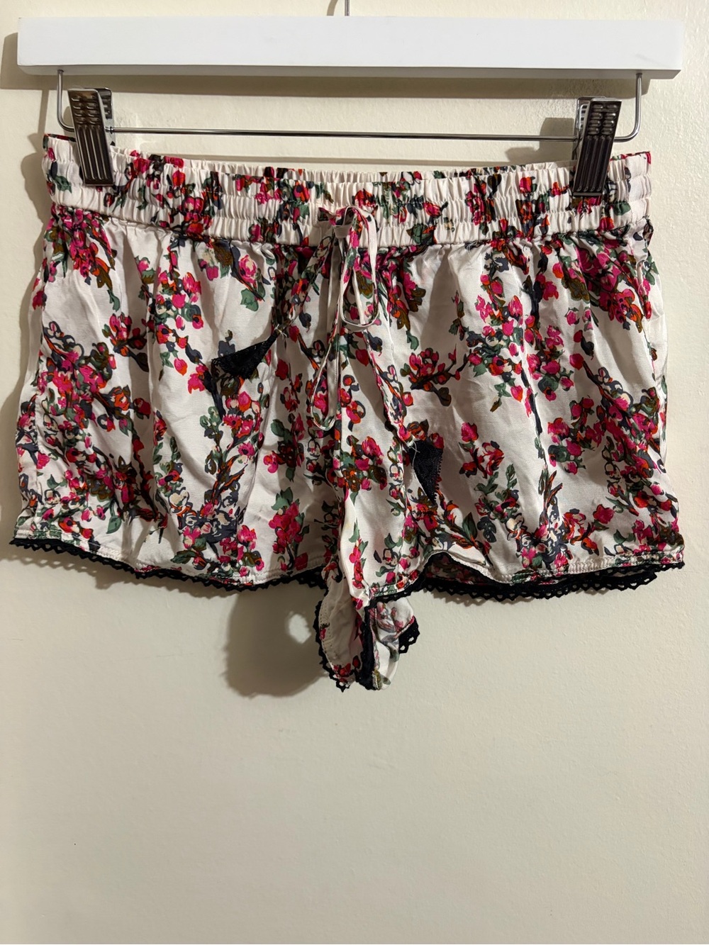 Anthropologie White Floral Pajama Shorts with Black Lace Trim